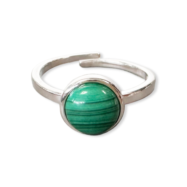 Bague Argent 925 Ajustable Rond Malachite AAA 8mm