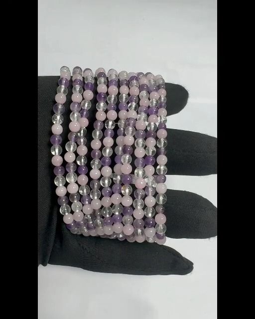 Bracelet Amethyste, Cristal de Roche, Quartz Rose A perles 4mm